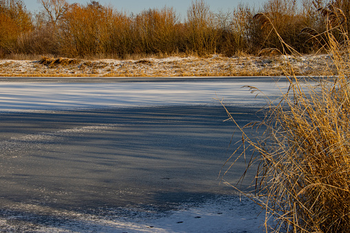 Landscape of a frozen lake covered with snow