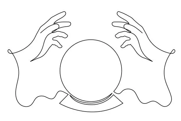 Vector illustration of Hands hold divination crystal ball one line art, hand drawn magiv fortune telling continuous contour. Occult concept.Minimalistic art drawing. Editable stroke. Isolated. Vector illustration