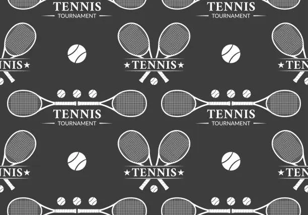 Vector illustration of Tennis seamless pattern with crossed tennis rackets and balls. Sport club logo background or tesxture. Vector illustration.