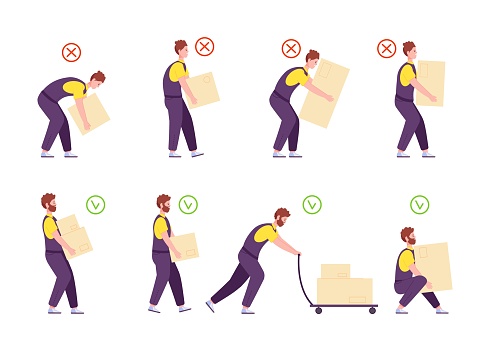 Weights handling. Safety ergonomic posture of back for carry or push heavy goods, manual correctly incorrect work lifting loads loadman infographics splendid vector illustration of correct and safety