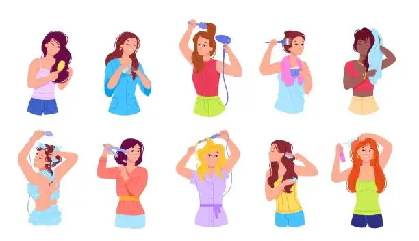 Vector illustration of Women haircare. Woman with hairbrush applying conditioner for loss hair treatment, blow dried or wet volume hairs care routine hairspray shampoo oilwash, swanky vector illustration