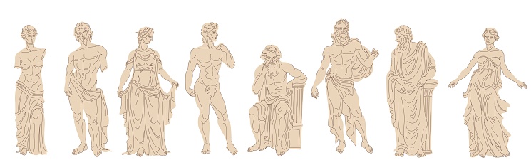 Marble greek sculptures. Statues of roman scholar or god greece mythology, ancient monuments and female statue sculptural anatomy museum art ingenious vector illustration of marble greek sculpture