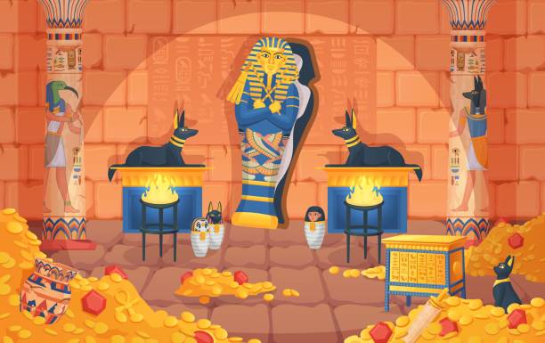 stockillustraties, clipart, cartoons en iconen met egyptian tomb. egypt tombs, underground palace inside pyramid in desert, pharaoh sarcophagus afterlife coffin, gold treasure chamber game background ingenious vector illustration - antiquities