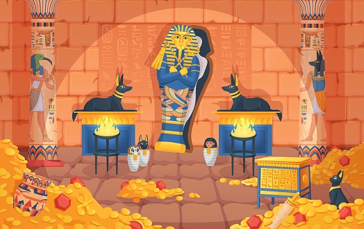 Egyptian tomb. Egypt tombs, underground palace inside pyramid, pharaoh sarcophagus afterlife coffin, gold treasure chamber game background ingenious vector illustration of egyptian tomb civilization