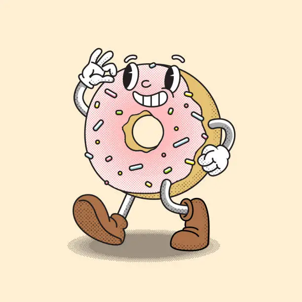Vector illustration of Retro cartoon style, a donut drawn in the style of old cartoons, goes to meet