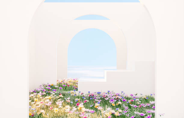 istock Spring floral installation scene with geometric arch form. 1457632950