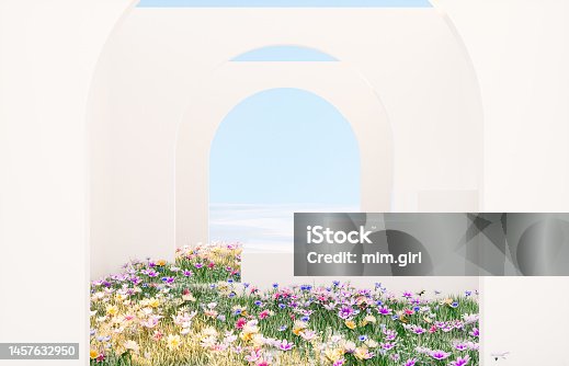 istock Spring floral installation scene with geometric arch form. 1457632950