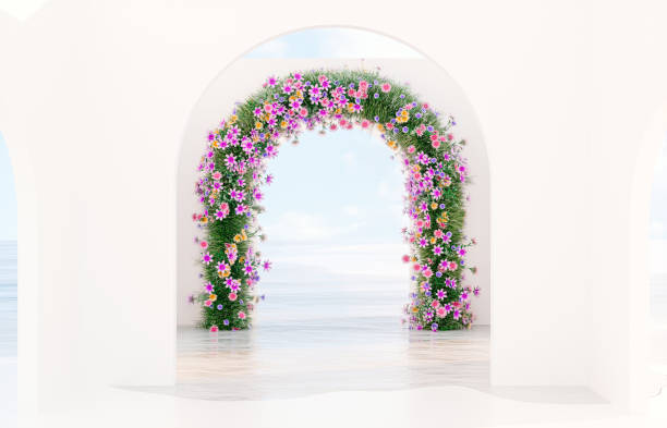 Spring floral installation scene with geometric arch form.