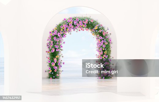 istock Spring floral installation scene with geometric arch form. 1457632951