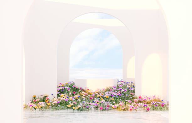 istock Spring floral installation scene with geometric arch form. 1457632952