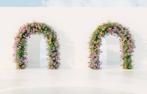 istock Spring floral installation scene with geometric arch form. 1457632953