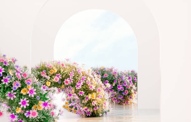 istock Spring floral installation scene with geometric arch form. 1457632991