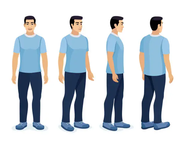 Vector illustration of Young man in sport casual clothes. Set of different poses design.