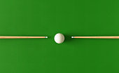 Snooker Concept - Pool Cues And White Pool Ball On Green Pool Table