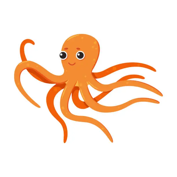 Vector illustration of Cute cartoon orange octopus with big eyes. Vector isolated illustration