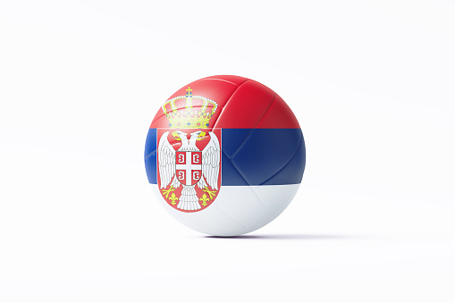 Volleyball ball textured with Serbian flag on white background. Front view. Horizontal composition with clipping path and copy space. Volleyball concept.