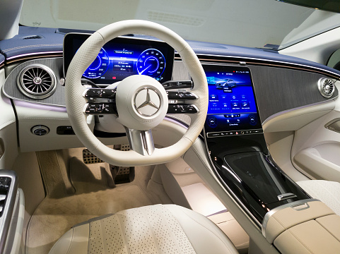 Berlin, Germany - 5th November, 2022: Interior in luxurious electric vehicle Mercedes-Benz EQE. This car is one of the most luxury limousine in the world.