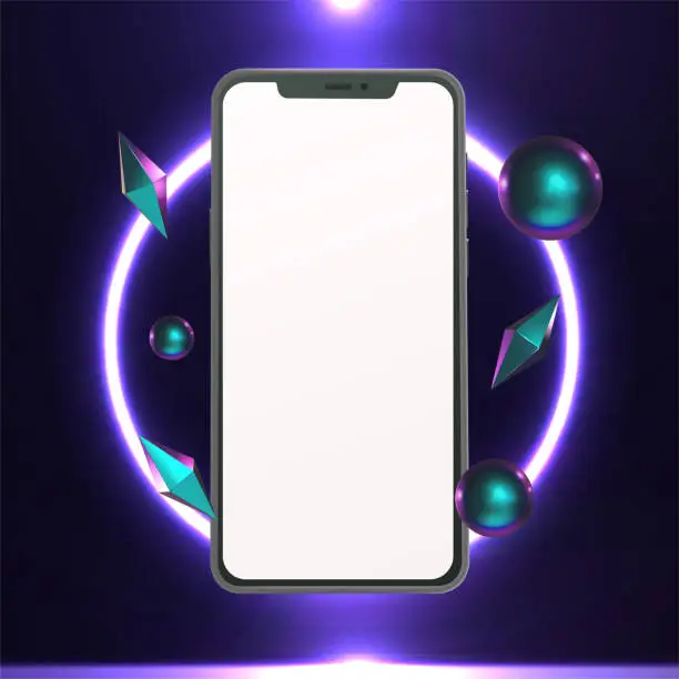 Vector illustration of Smartphone mockup with neon light and iiridescent shapes