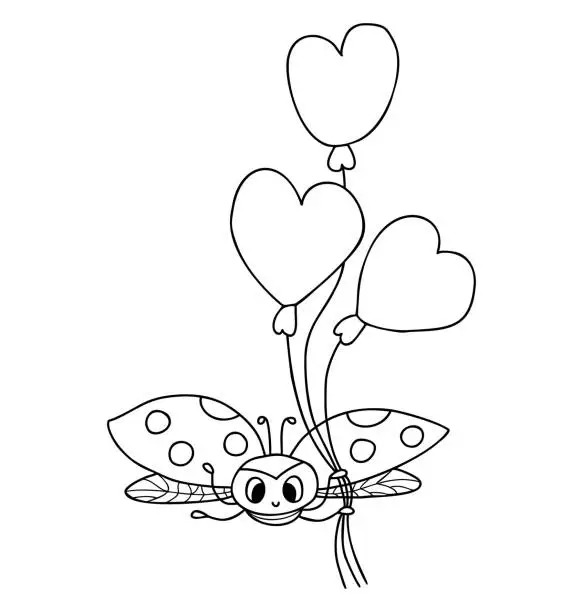 Vector illustration of Funny ladybug. Small insect with balloons. Vector illustration. Outline drawing. doodle ladybird character for childrens collection, coloring, design, decor, postcard, printing.