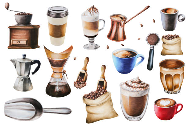 ilustraciones, imágenes clip art, dibujos animados e iconos de stock de juego de ilustración en acuarela para hacer café. incluye cafetera géiser y chemex, bolsa de café de yute, café con leche en una taza de vidrio, molinillo de café, turco, americano, capuchino. pintura a mano sobre fondo blanco aislado. para diseñado - espresso coffee cream coffee shop