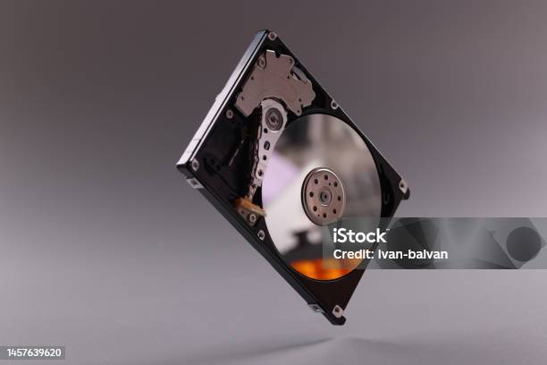 Closeup Of Hardware Of Internal Mechanism Of Hard Drive Stock Photo - Download Image Now