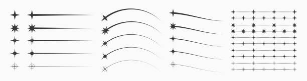 Moving retro stars collections. Star shapes and starburst icons that flying, falling and moving with trail and tail. Brutalism design elements in various shapes and positions. Vector.