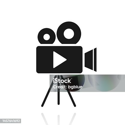 istock Video camera with tripod. Icon with reflection on white background 1457641692