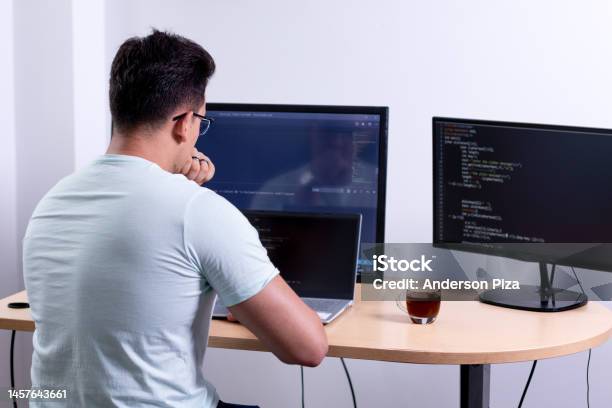 Programmer Analyzing His Recently Completed Programming Work With Three ...