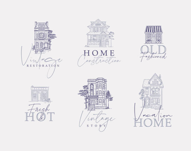 House lettering victorian vintage style gray Victorian houses with lettering drawing in old fashioned vintage style on gray background. victorian house stock illustrations