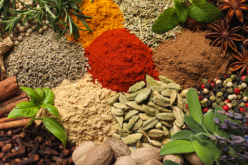 Different fresh herbs with aromatic spices as background, top view