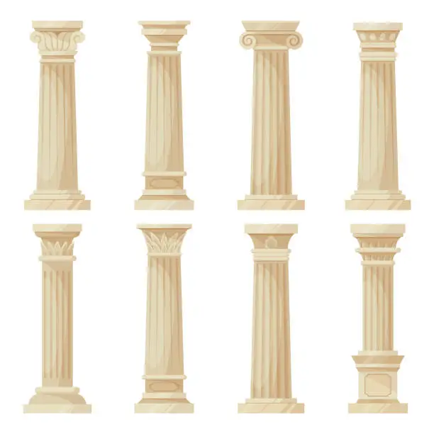 Vector illustration of Cartoon greek columns. Cartoon ancient pillars, doric, ionic and corinthian ornaments, antique colonnade decoration flat vector illustration on white background