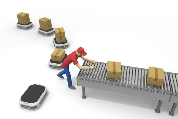 Place the parcel on the delivery robot. Luggage moving on a conveyor. person to sort. work in the warehouse. stock photo