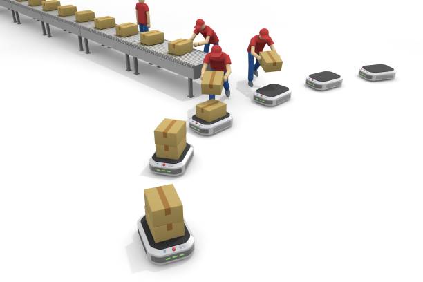 Place the parcel on the delivery robot. Luggage moving on a conveyor. person to sort. work in the warehouse. stock photo