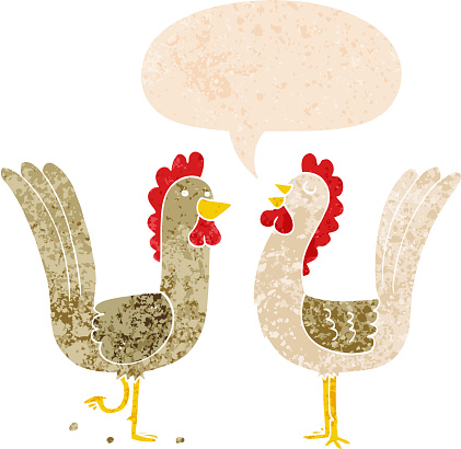 cartoon chickens with speech bubble in grunge distressed retro textured style