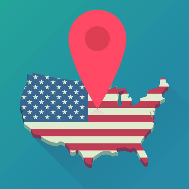 US localization (flat design) 3d map in flat design style of the united states in the colors of the american flag on which a red location marker is placed to indicate a destination san francisco flag stock illustrations