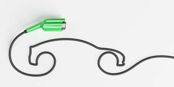 3D illustration of electric wire with charging plug forming silhouette of car against gray background