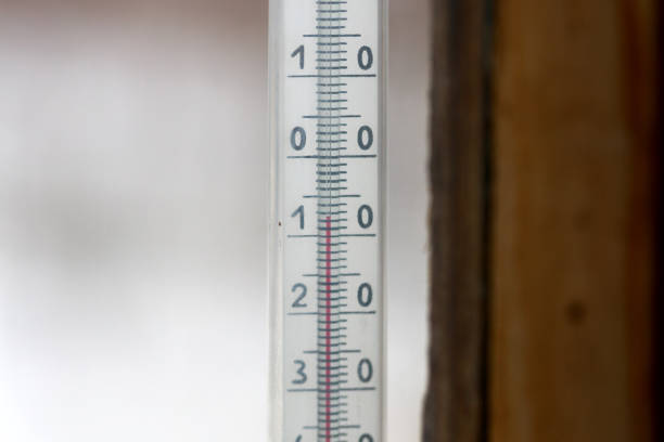 Street thermometer behind a window. Indicated minus 7 degrees Celsius. Close up.