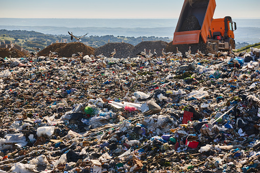 Truck unloading soil at a landfill site. Environmental damage. Waste