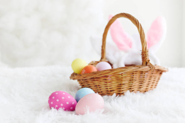 istock Colorful Easter eggs on rug fluffy white fur carpetand with  wicker basket and bunny rabbit ears headband, decoration and celebration spring beginning. 1457654556