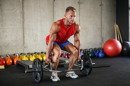 Muscular young man exercising in a gym. About 25 years old, Caucasian male.