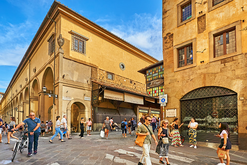 Florene, Italy - September 04, 2022: Crowd on the Ponte Vecchio bridge, the symbol of the city.