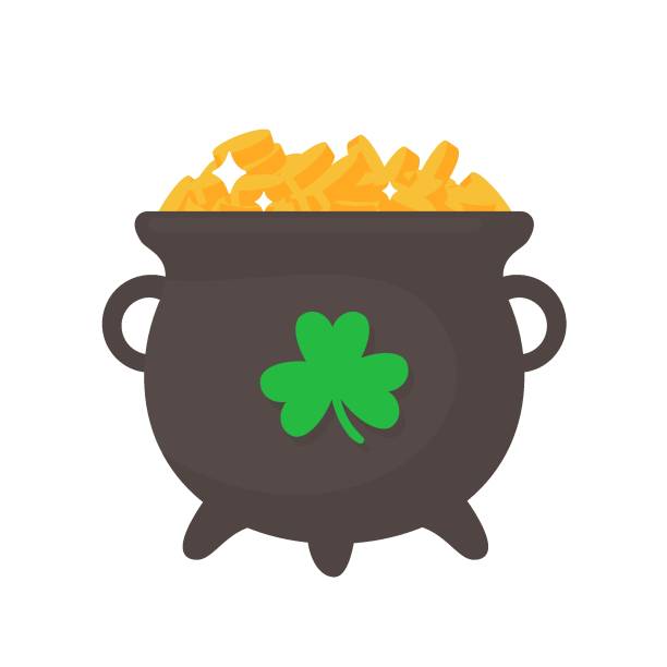 illustrazioni stock, clip art, cartoni animati e icone di tendenza di una pentola che contiene molte monete d'oro. concetto di ricchezza per la festa di san patrizio - leprechaun st patricks day cartoon luck