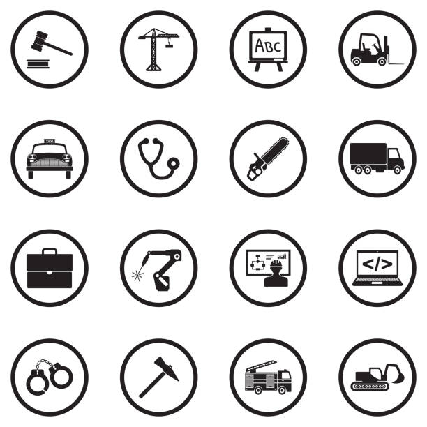 arbeitssymbole. schwarzes flaches design im kreis. vektorillustration. - computer icon symbol police handcuffs stock-grafiken, -clipart, -cartoons und -symbole