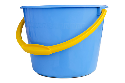 Blue empty bucket with a yellow handle, side view, on a white background.