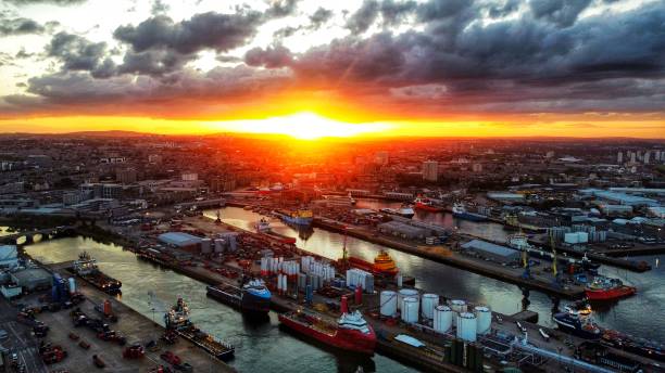 The sun setting over Aberdeen city, Scotland.