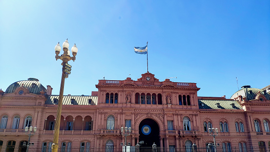 Casa Rosada (Pink House) at Plaza de Mayo in Buenos Aires on a sunny day, Argentina.