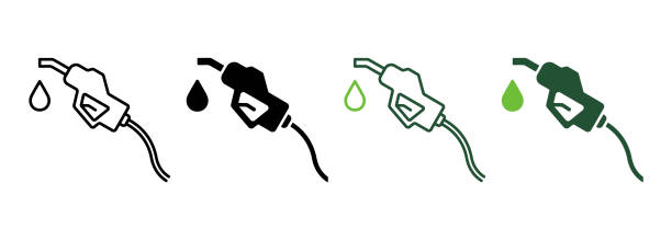 ilustrações de stock, clip art, desenhos animados e ícones de fuel nozzle holder with hose on petrol station line and silhouette icon color set. petroleum energy pump on gas station symbol on white background. fossil fill nozzle. isolated vector illustration - fossil fuel fuel and power generation refueling car