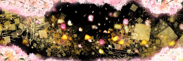 japońska wiosenna sceneria tła, szeroka ilustracja, złoty liść i motyle oraz kwiaty wiśni w pełnym rozkwicie z tajemniczą burzą śnieżną kwitnącej wiśni. - black background panoramas fall flowers stock illustrations