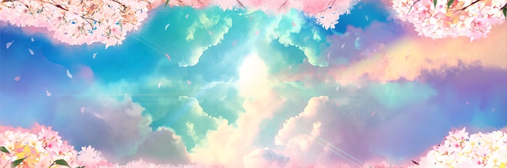 Wide size fantasy landscape illustration of beautiful heavenly entrance with geometric pattern textures shining divinely through rainbow colored clouds.