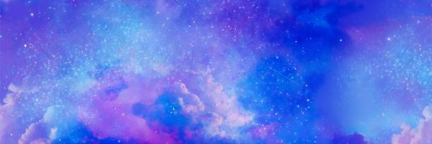 istock Fantasy background scenery wide size illustration of beautiful purple night sky and stars shining mysteriously. 1457664862